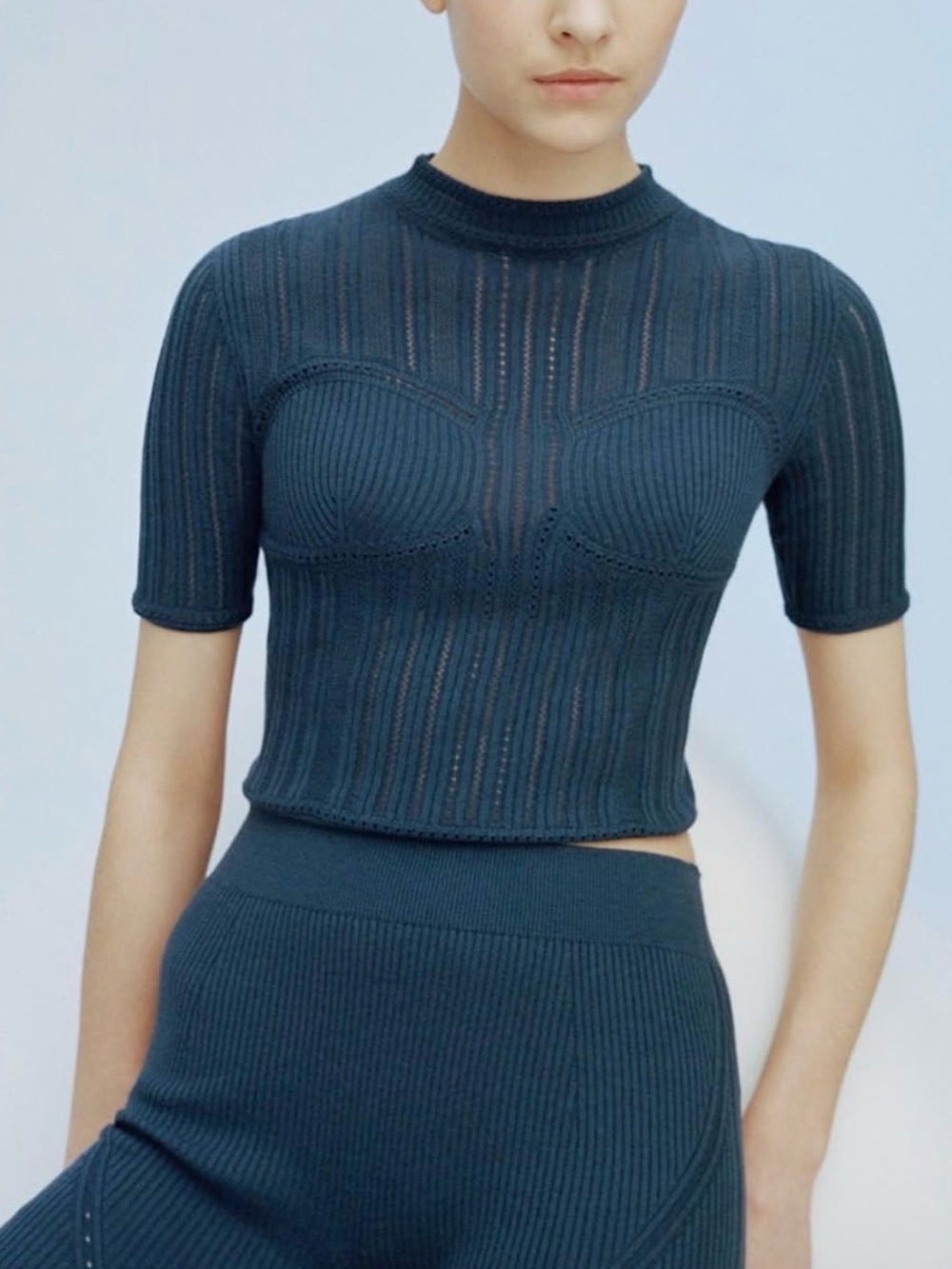 Mame Kurogouchi Uniqlo 3DKnit Crop Half Sleeve Blue Sweater NWOT SMALL Coquette